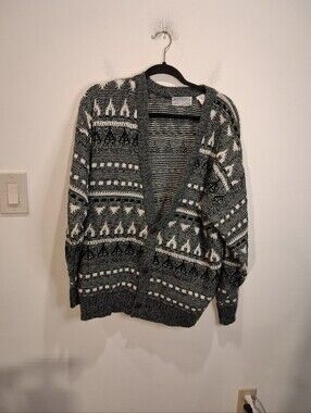 Vintage Method Size M Grandpa Cardigan Sweater In Grey/white Geometric Print
